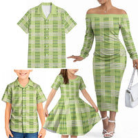 Aloha Hawaii Pakalana Pikake Lei Family Matching Off The Shoulder Long Sleeve Dress and Hawaiian Shirt Palaka Inspired Hawaiian-plaid Pastel Green