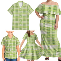 Aloha Hawaii Pakalana Pikake Lei Family Matching Off Shoulder Maxi Dress and Hawaiian Shirt Palaka Inspired Hawaiian-plaid Pastel Green