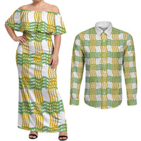 Aloha Hawaii Ilima Maile Lei Couples Matching Off Shoulder Maxi Dress and Long Sleeve Button Shirt Palaka Inspired Hawaiian-plaid White