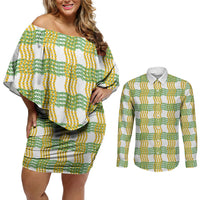 Aloha Hawaii Ilima Maile Lei Couples Matching Off Shoulder Short Dress and Long Sleeve Button Shirt Palaka Inspired Hawaiian-plaid White