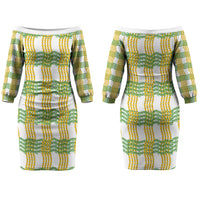 Aloha Hawaii Ilima Maile Lei Couples Matching Off The Shoulder Long Sleeve Dress and Hawaiian Shirt Palaka Inspired Hawaiian-plaid White