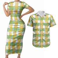 Aloha Hawaii Ilima Maile Lei Couples Matching Short Sleeve Bodycon Dress and Hawaiian Shirt Palaka Inspired Hawaiian-plaid White