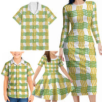 Aloha Hawaii Ilima Maile Lei Family Matching Long Sleeve Bodycon Dress and Hawaiian Shirt Palaka Inspired Hawaiian-plaid White