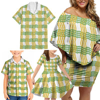 Aloha Hawaii Ilima Maile Lei Family Matching Off Shoulder Short Dress and Hawaiian Shirt Palaka Inspired Hawaiian-plaid White