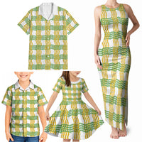 Aloha Hawaii Ilima Maile Lei Family Matching Tank Maxi Dress and Hawaiian Shirt Palaka Inspired Hawaiian-plaid White