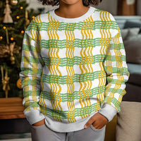Aloha Hawaii Ilima Maile Lei Kid Ugly Christmas Sweater Palaka Inspired Hawaiian-plaid White