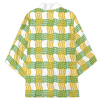 Aloha Hawaii Ilima Maile Lei Kimono Palaka Inspired Hawaiian-plaid White