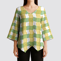 Aloha Hawaii Ilima Maile Lei Kimono Sleeve Blouse Palaka Inspired Hawaiian-plaid White