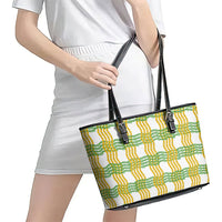 Aloha Hawaii Ilima Maile Lei Leather Tote Bag Palaka Inspired Hawaiian-plaid White