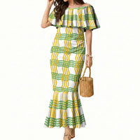 Aloha Hawaii Ilima Maile Lei Mermaid Dress Palaka Inspired Hawaiian-plaid White