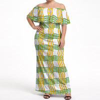 Aloha Hawaii Ilima Maile Lei Off Shoulder Maxi Dress Palaka Inspired Hawaiian-plaid White