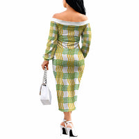Aloha Hawaii Ilima Maile Lei Off The Shoulder Long Sleeve Dress Palaka Inspired Hawaiian-plaid White