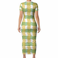 Aloha Hawaii Ilima Maile Lei Short Sleeve Bodycon Dress Palaka Inspired Hawaiian-plaid White