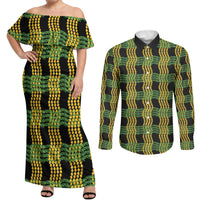 Aloha Hawaii Ilima Maile Lei Couples Matching Off Shoulder Maxi Dress and Long Sleeve Button Shirt Palaka Inspired Hawaiian-plaid Black