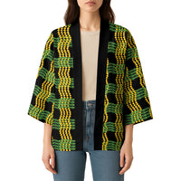 Aloha Hawaii Ilima Maile Lei Kimono Palaka Inspired Hawaiian-plaid Black