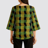 Aloha Hawaii Ilima Maile Lei Kimono Sleeve Blouse Palaka Inspired Hawaiian-plaid Black