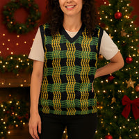 Aloha Hawaii Ilima Maile Lei Christmas Knitted V-Neck Vest Palaka Inspired Hawaiian-plaid Black