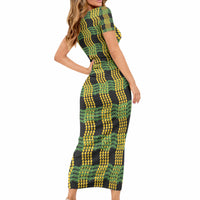 Aloha Hawaii Ilima Maile Lei Short Sleeve Bodycon Dress Palaka Inspired Hawaiian-plaid Black