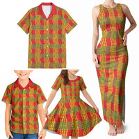 Aloha Hawaii Ilima Maile Lei Family Matching Tank Maxi Dress and Hawaiian Shirt Palaka Inspired Hawaiian-plaid Red