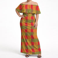Aloha Hawaii Ilima Maile Lei Off Shoulder Maxi Dress Palaka Inspired Hawaiian-plaid Red