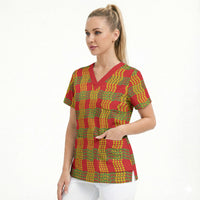 Aloha Hawaii Ilima Maile Lei Scrub Top Palaka Inspired Hawaiian-plaid Red