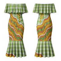 Hawaii Leis Palaka Motifs Couples Matching Mermaid Dress and Hawaiian Shirt Pikake Pakalana Maile Ilima Kakau Style