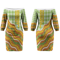 Hawaii Leis Palaka Motifs Couples Matching Off The Shoulder Long Sleeve Dress and Hawaiian Shirt Pikake Pakalana Maile Ilima Kakau Style