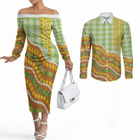 Hawaii Leis Palaka Motifs Couples Matching Off The Shoulder Long Sleeve Dress and Long Sleeve Button Shirt Pikake Pakalana Maile Ilima Kakau Style