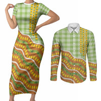 Hawaii Leis Palaka Motifs Couples Matching Short Sleeve Bodycon Dress and Long Sleeve Button Shirt Pikake Pakalana Maile Ilima Kakau Style