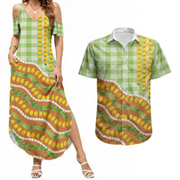 Hawaii Leis Palaka Motifs Couples Matching Summer Maxi Dress and Hawaiian Shirt Pikake Pakalana Maile Ilima Kakau Style