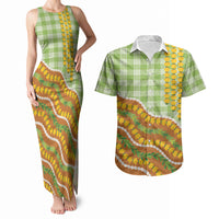 Hawaii Leis Palaka Motifs Couples Matching Tank Maxi Dress and Hawaiian Shirt Pikake Pakalana Maile Ilima Kakau Style