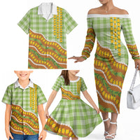 Hawaii Leis Palaka Motifs Family Matching Off The Shoulder Long Sleeve Dress and Hawaiian Shirt Pikake Pakalana Maile Ilima Kakau Style