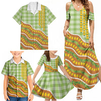 Hawaii Leis Palaka Motifs Family Matching Summer Maxi Dress and Hawaiian Shirt Pikake Pakalana Maile Ilima Kakau Style