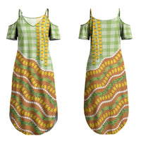 Hawaii Leis Palaka Motifs Family Matching Summer Maxi Dress and Hawaiian Shirt Pikake Pakalana Maile Ilima Kakau Style