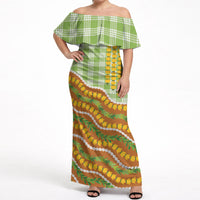 Hawaii Leis Palaka Motifs Off Shoulder Maxi Dress Pikake Pakalana Maile Ilima Kakau Style