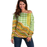Hawaii Leis Palaka Motifs Off Shoulder Sweater Pikake Pakalana Maile Ilima Kakau Style