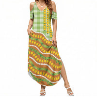 Hawaii Leis Palaka Motifs Summer Maxi Dress Pikake Pakalana Maile Ilima Kakau Style