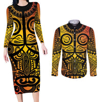 Marquesas Islands Couples Matching Long Sleeve Bodycon Dress and Long Sleeve Button Shirt Marquesan Tattoo Yellow Gradient - Polynesian Pride