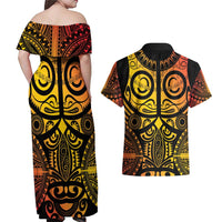 Marquesas Islands Couples Matching Off Shoulder Maxi Dress and Hawaiian Shirt Marquesan Tattoo Yellow Gradient - Polynesian Pride
