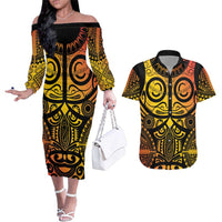 Marquesas Islands Couples Matching Off The Shoulder Long Sleeve Dress and Hawaiian Shirt Marquesan Tattoo Yellow Gradient LT14 Yellow - Polynesian Pride