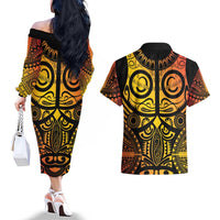 Marquesas Islands Couples Matching Off The Shoulder Long Sleeve Dress and Hawaiian Shirt Marquesan Tattoo Yellow Gradient LT14 - Polynesian Pride