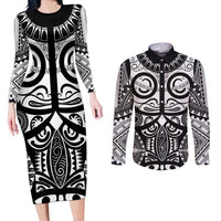 Marquesas Islands Couples Matching Long Sleeve Bodycon Dress and Long Sleeve Button Shirt Marquesan Tattoo Black White Color - Polynesian Pride