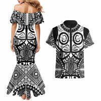 Marquesas Islands Couples Matching Mermaid Dress and Hawaiian Shirt Marquesan Tattoo Black White Color - Polynesian Pride