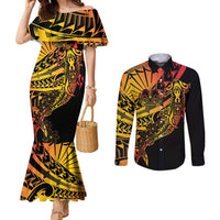 Gradient Marquesas Islands Couples Matching Mermaid Dress and Long Sleeve Button Shirt Marquesan Matatiki Hammerhead Shark Patutiki - Polynesian Pride