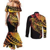 Gradient Marquesas Islands Couples Matching Mermaid Dress and Long Sleeve Button Shirt Marquesan Matatiki Hammerhead Shark Patutiki - Polynesian Pride