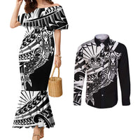 Black White Marquesas Islands Couples Matching Mermaid Dress and Long Sleeve Button Shirt Marquesan Matatiki Hammerhead Shark Patutiki - Polynesian Pride