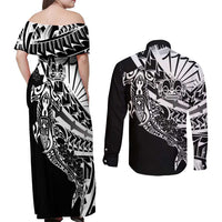 Black White Marquesas Islands Couples Matching Off Shoulder Maxi Dress and Long Sleeve Button Shirt Marquesan Matatiki Hammerhead Shark Patutiki - Polynesian Pride