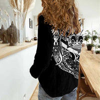 Black White Marquesas Islands Women Casual Shirt Marquesan Matatiki Hammerhead Shark Patutiki - Polynesian Pride