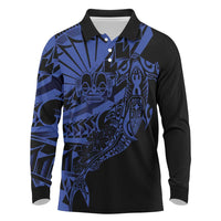 Blue Marquesas Islands Long Sleeve Polo Shirt Marquesan Matatiki Hammerhead Shark Patutiki - Polynesian Pride