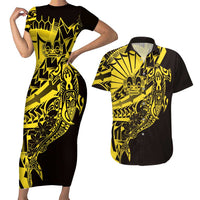 Yellow Marquesas Islands Couples Matching Short Sleeve Bodycon Dress and Hawaiian Shirt Marquesan Matatiki Hammerhead Shark Patutiki - Polynesian Pride